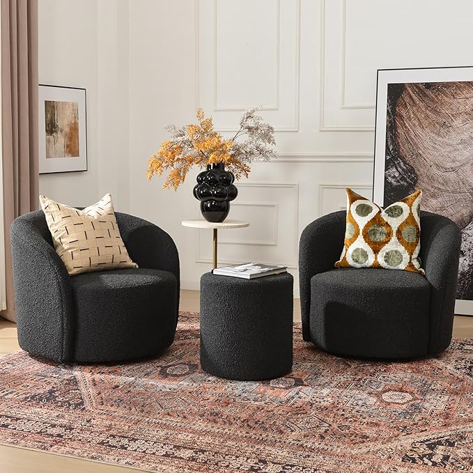 KINWELL 34" Boucle Swivel Barrel Chair with 18" Round Ottoman Set, Fully Assembled Set of Sherpa Accent Chair and Footrest, Modern Comfy Armchair and Footstool for Living Room and Bedroom, Black