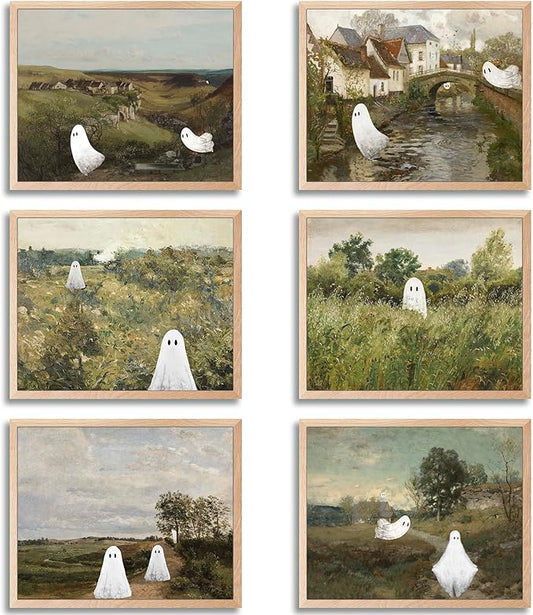 LANCHI95 6 Pcs 8x10 In Halloween Wall Art Prints, Vintage Witch Posters, Cute Ghost Pictures for Bedroom Decor (UNFRAMED)