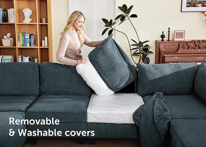 Nolany Sectional Sofa with Storage Ottoman, U Shape Sectional Couch with Chaise, Corduroy Modular Sectional Couches for Living Room, Blue
