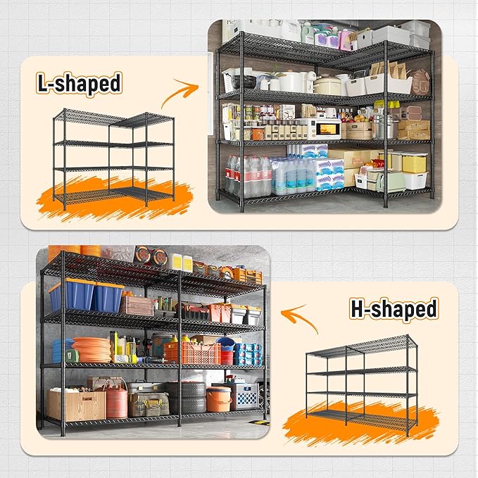 REIBII 81.5''W Storage Shelves 3680LBS Garage Shelving Heavy Duty 4 Tier Metal Shelving Unit Adjustable Wire Shelf and Storage Pantry Shelves for Kitchen Garage, 81.5Wx23.62Dx70.86H，Black, 2PCS