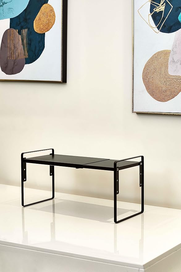 Nxconsu Cabinet Shelf Expandable Height Adjustable Organizer Riser for Kitchen Cabinet Pantry Cupboard Under Sink Countertop Organization Storage Space Saver Stackable Heavy Duty Metal Black XL