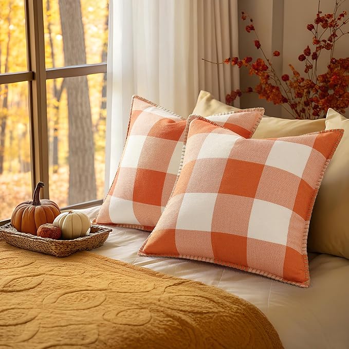 decorUhome Fall Orange and White Decorative Throw Pillow Covers 16x16 Set of 2, Buffalo Plaid Check Farmhouse Cushion Covers with Stitched Edge for Autumn Harvest Couch Sofa Bed Home Decor