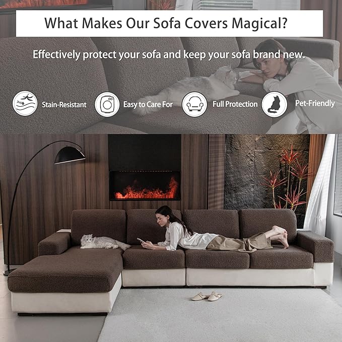 Couch Cushion Covers for Sectional Sofa, Stretch Soft Sofa Slipcovers Washable Wear-Resistant Universal Furniture Protector for Living Room(3 Seaters Covers+1 Chaise Cover, Brown)