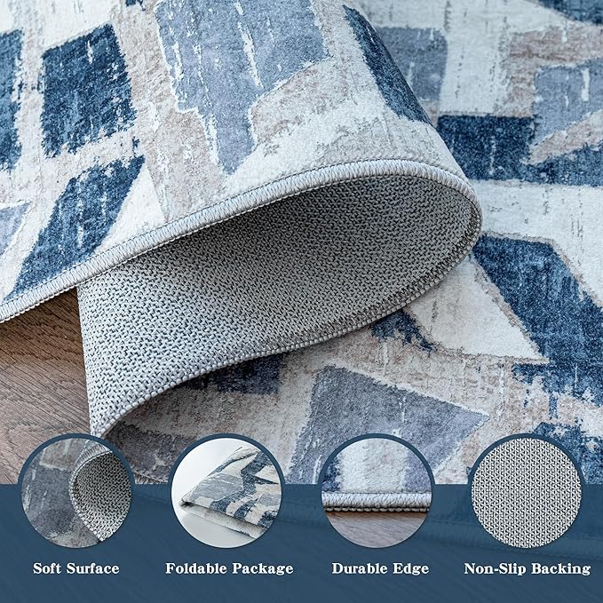 Modern Abstract Blue 8X10 Area Rug for Living Room Bedroom Washable, with Non-Slip Rubber Backing Print Faux Wool Thin, Throw Large Carpet for Kids Playroom Dining Room Pet & Child Friendly