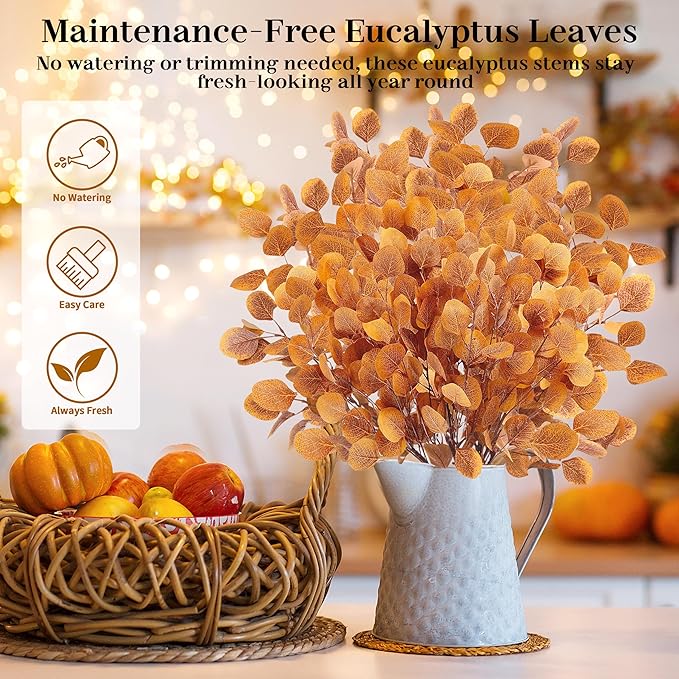 6 Pcs 36" Artificial Eucalyptus Fall Leaves, Long Fake Eucalyptus Leaves Stems Plants Fall Decorations for Indoor Home Office Party Autumn Decor