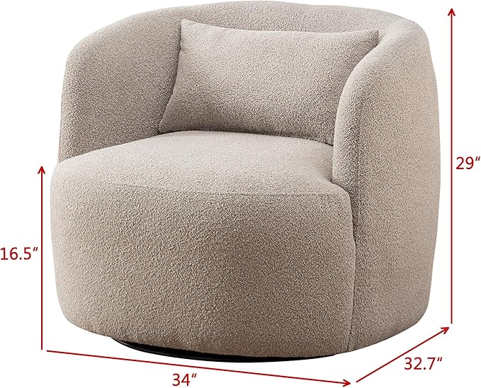 KINWELL 34" Wide Boucle Swivel Barrel Chairs Set of 2, No Assembly Round Upholstered Armchairs Accent Chairs Single Sofa Chair with Toss Pillow for Living Room and Bedroom, Taupe