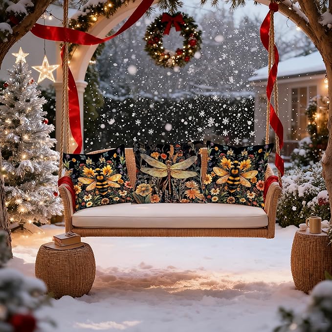 Vintage Dark Dragonfly Bee Pillow Covers 18x18 Double-Sided Set of 4,Moody Dark Cottagecore Wildflowers Floral Throw Pillow Covers for Couch Bed,Dragonfly Bee Gifts for Women,Cottagecore Decor