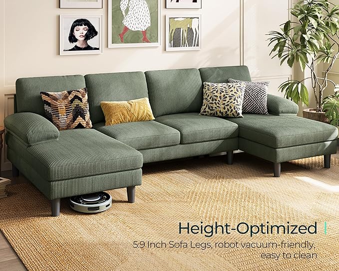 LINSY HOME Sectional Couch, 111'' W Corduroy U Shaped Sofa with Sleepable Armrests, 4 Seat Couch with Double Chaises, Deep Seat Sofa for Living Room, Army Green