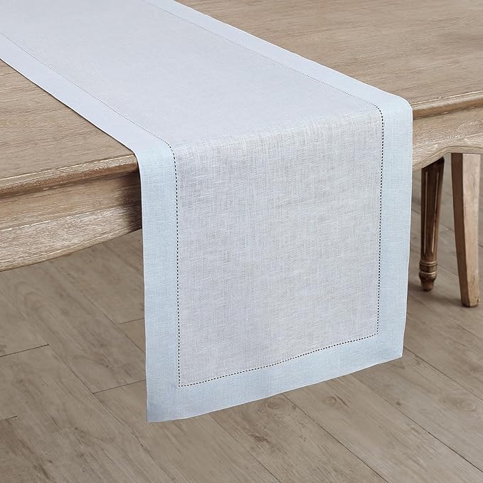 Solino Home Linen Light Blue Table Runner 72 Inches Long - 100% Pure Linen Hemstitch Table Runner 14 x 72 Inch for Dresser, Dining - Classic Hemstitch