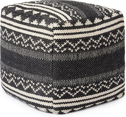 REDEARTH · Tufted Pouf Ottoman with Filler Textured Storage Cube Bean Bag Pouffe Footrest for Living Room, Bedroom, Nursery, Kidsroom; 100% Cotton (17.5"X17.5"X17.5", Ziggurat Obsession Black)