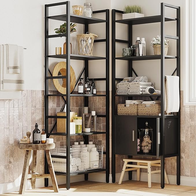 70 x70 Triple 5 Tier Book Shelf, Industrial Large Bookcase with Storage Cabinet, Tall Bookshelf with 14 Open Display Shelves Metal Frame Furniture for Living Room Bedroom Home Office Black