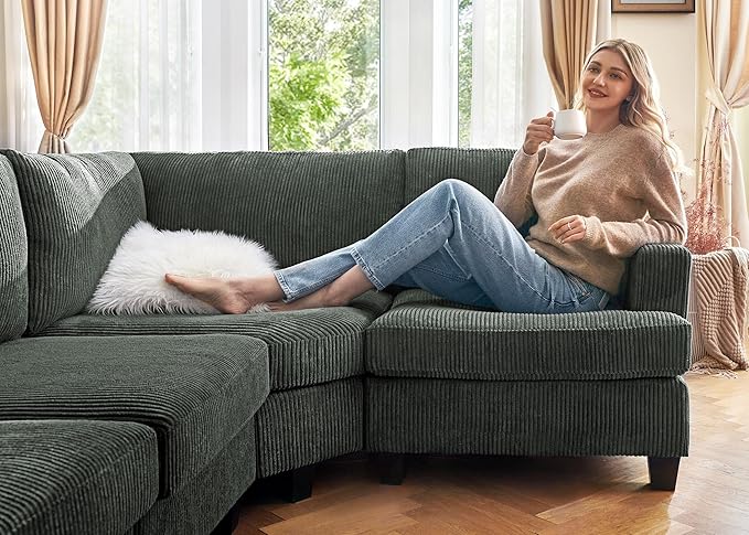 Nolany Modular Sectional Couch with Storage Ottoman, Corduroy Sleeper Sectional Sofa with Chaise, Sectional Couches for Living Room, Green