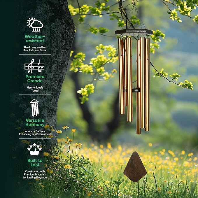 Nature’s Melody Premiere Grande Tunes Wind Chimes – Outdoor Windchime with 6 Tubes Tuned to E Pentatonic Scale, Rustproof Aluminum, Beech Wood & S Hook Hanger for Sympathy, Memorial Gift or Zen Garden