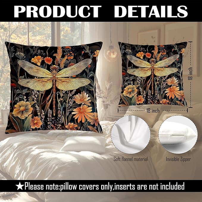 William Morris Inspired Wildflower Dragonfly Bee Pillow Covers 18x18 Set of 2, Vintage Dark Cottagecore Floral Botanical Insects Decorative Throw Pillow Covers for Home Bedroom Living Room