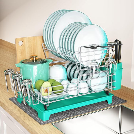 BOOSINY 2 Tier Turquoise Large Stainless Steel Dish Drainers Drying Rack for Kitchen Counter with Drainboard, Rust Proof Metal, Space Saving, Modern Aesthetic, Compact Plates Strainers with Extra Mat