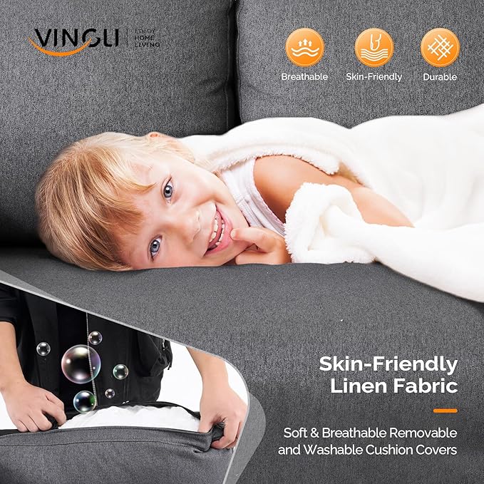 VINGLI 47" Small Couch, Dark Grey Linen Loveseat Sofa Mini Couch Mid Century Modern Decor Love Seat for Small Spaces Living Room, Bedroom, Play Room