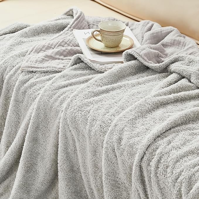 EMME Muslin and Fleece Twin Blanket Reversible - 60"*80" Grey Soft Warm Throw Blankets for Couch Bed Picnic Travel Bed