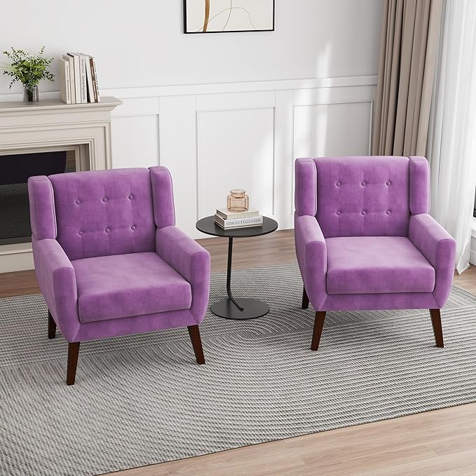 UIXE Accent Chairs Set of 2, Modern Upholstered Arm Chair, Mid-Century Club Armchair Comfy Single Lounge Sofa, Button Tufted Living Room Reading Side Seating for Bedroom Office, Velvet-Purple
