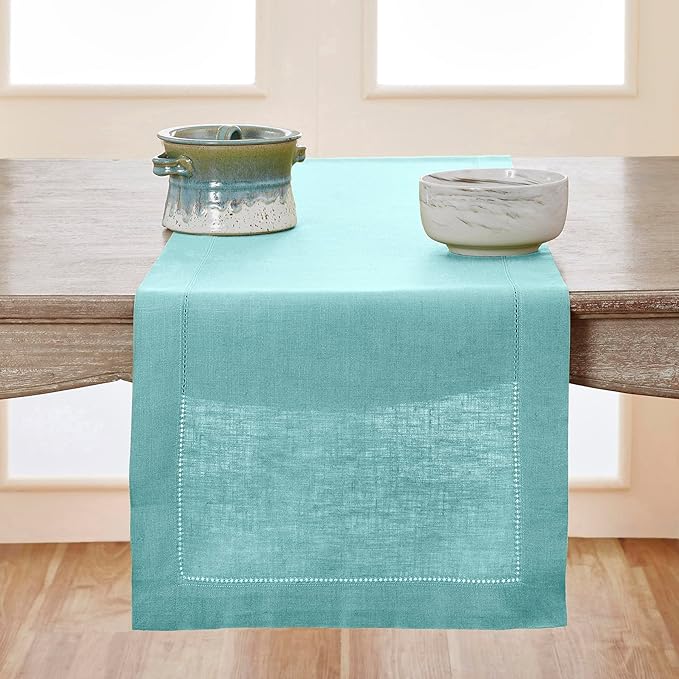 Solino Home Linen Aqua Blue Table Runner 48 Inches - Classic Hemstitch, 100% Pure Linen Coffee Table Runner 14 x 48 Inch Ideal for Dresser Tables