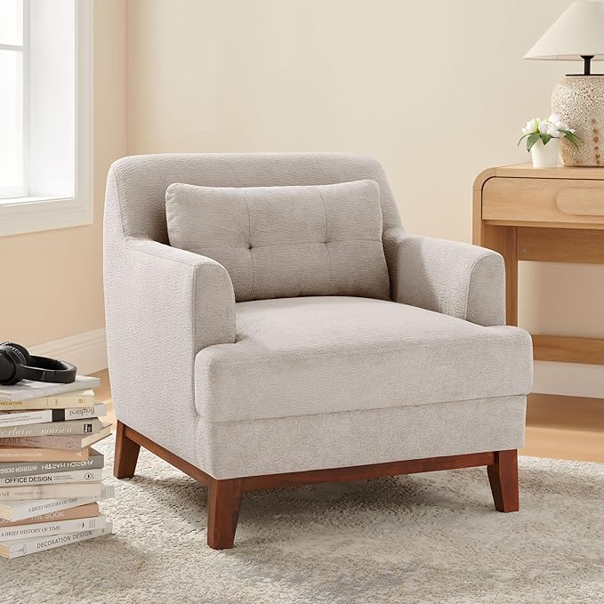 Modern Accent Chair with Terry Fabric, Upholstered Armchair with Spring Package Cushion & Solid Wood Frame, Comfy Lounge Chair for Living Room, Bedroom, or Reading Corner, Terry, Camel