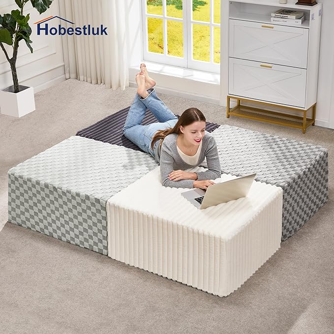 Hobestluk Rectangle Ottoman Memory Foam Footrest for Couch with Removable Cover Large Floor Seating for Adults Ottoman Coffee Table for Living Room, Bedroom or Office (Plush GREYOLIVE, Footrest)