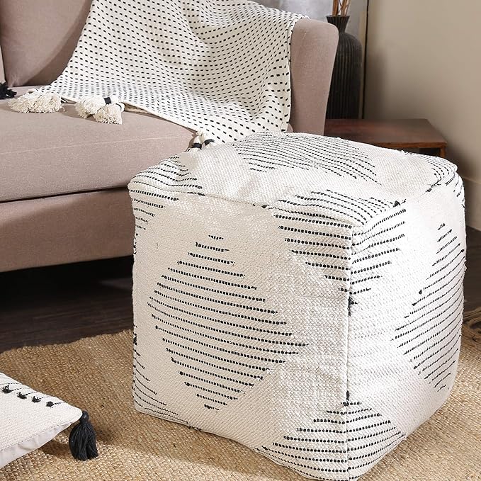 REDEARTH · Tufted Pouf Ottoman with Filler Textured Storage Cube Bean Bag Pouffe Footrest for Living Room, Bedroom, Nursery, Kidsroom; 100% Cotton (17.5"X17.5"X17.5", Loom Story 3 Natural Black)