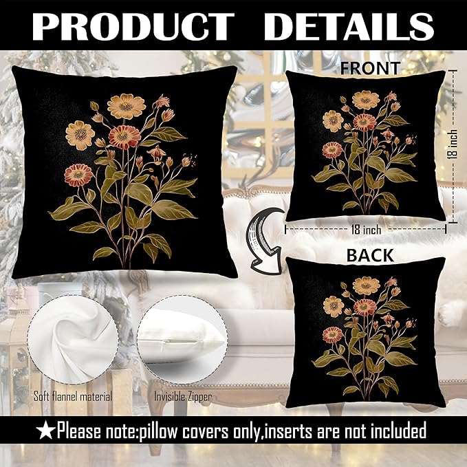 Vintage Botanical Floral Pillow Covers 18x18, Retro Dark Cottagecore Rustic Wildflower Decorative Throw Pillow Covers for Bedroom Living Room Home, Floral Room Decor