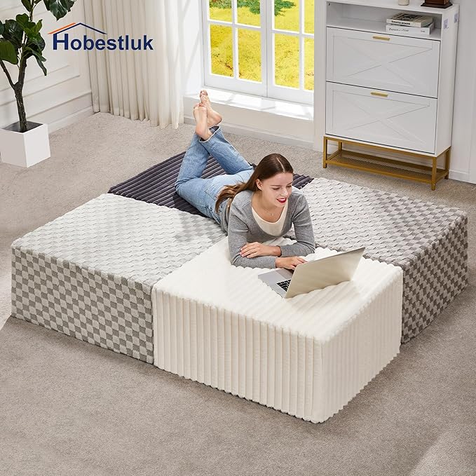 Hobestluk Rectangle Ottoman Memory Foam Footrest for Couch with Removable Cover Large Floor Seating for Adults Ottoman Coffee Table for Living Room, Bedroom or Office (Plush Grey, Footrest)
