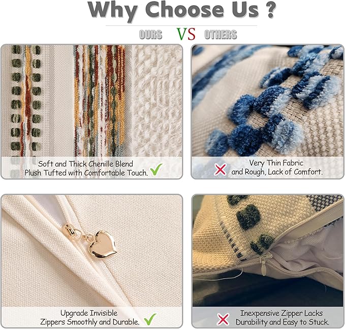 Boho Chenille Tufted Couch Throw Pillow Covers 18x18 Inch Set of 2 Farmhouse Striped Decorative Pillow Covers Accent Neutral Pillowcase Forest Cushion Cover for Living Room Sofa Bed