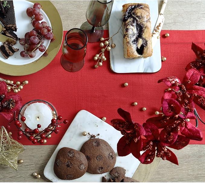 Solino Home Linen Table Runner 90 Inches Long - 100% Pure Linen Red Table Runner 14 x 90 Inch - Classic Hemstitch