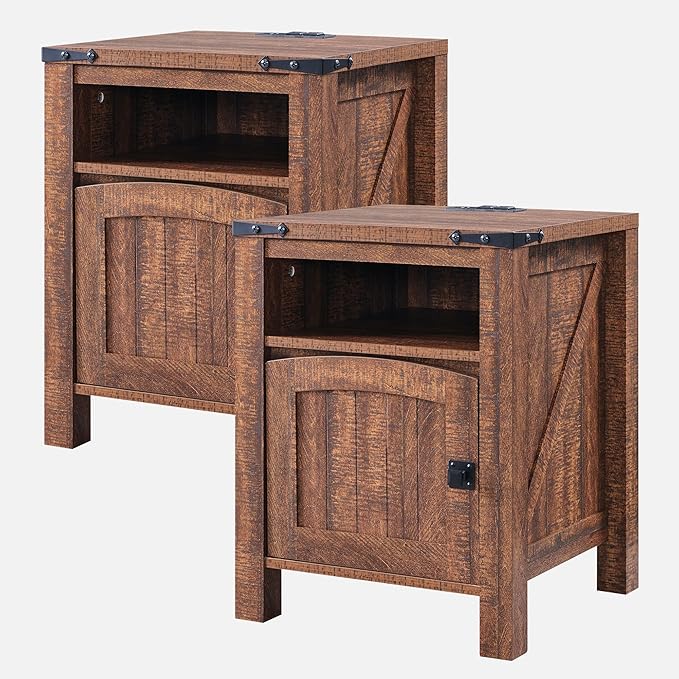 OKD Nightstand with Charging Station Set of 2, 18 Inchs Farmhouse End Table with Adjustable Storage Shelf, Rustic Wood Sofa Side Table for Living Room, Bedroom