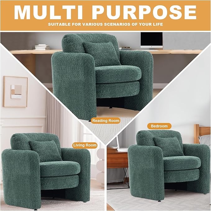 Chenille Accent Armchair Oversize Upholstered Barrel Comfy Modern Round Lounge Chair with Pillow Cozy Reading Chairs for Apartment,Office,Living Room,Dining,Makeup,Club,Green