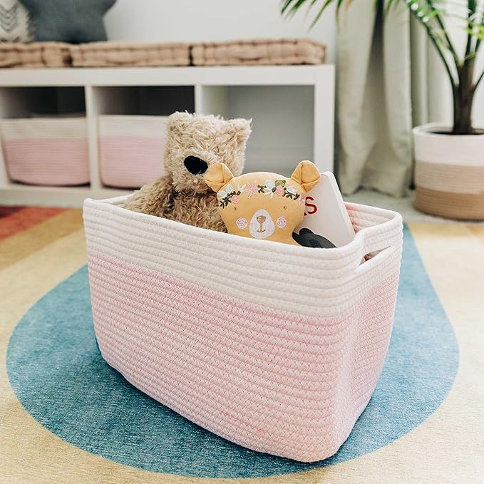 OrganiHaus Woven Storage Baskets for Organizing, Cotton Rope Organizer Bins for Shelves, Closet & Nursery, Dog Toy Basket, Decorative Bins for Toys, Towels & Books - 15x10x9, Pink/Off-White