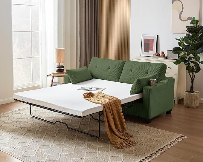 Pull Out Sofa Bed, Full Size Sleeper Sofa, 2-in-1 Convertible Corduroy Couch with USB Charging, Memory Form Couch for Living Room, Apartment and Small Space (Green, Corduroy - Queen Size)