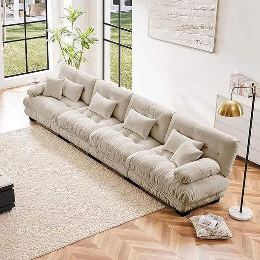 Modular Sectional Sofa Cloud Couch 4-Seater Deep Seat Sofa Couch, Oversized Couch Bed Sectional Couch with Round Bolster Armrests 6 Pillows, Modern Sofa Chair Comfy Couch