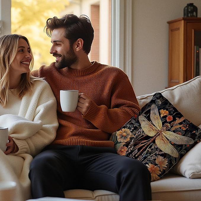 William Morris Inspired Christmas Dragonfly Decor Pillow Covers 18x18,Dragonfly Gifts for Women,Moody Dark Cottagecore Wildflowers Floral Throw Pillow Covers for Home, Cottagecore Floral Decor