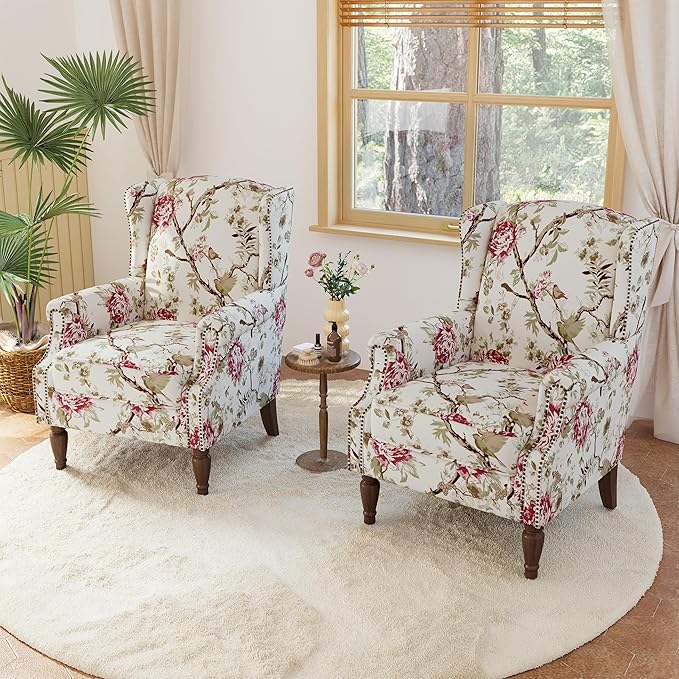 Lumibee Wingback Accent Chair, 2 Set High Back Floral Armchairs in Fabric,Comfy Upholstered Reading Single Sofa Chairs with Solid Wood Legs for Living Room,Bedroom,Office-Floral Beige