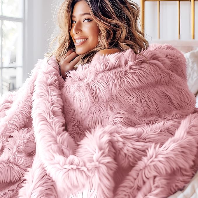 Bedsure GentleSoft Fluffy Pink Blankets Queen Size for Bed, Thick Sherpa Faux Fur Fleece Fuzzy Plush Winter Warm Heavy Soft Full Queen Blankets, Bedroom Decor Pink Gifts Cozy Gifts for Women, 90x90