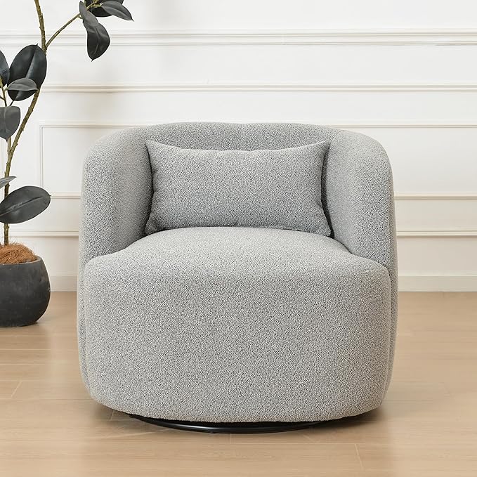KINWELL 34" Wide Sherpa Swivel Barrel Chair, No Assembly Round Boucle Upholstered Accent Chair Armchair Single Sofa Chair with Toss Pillow for Living Room and Bedroom, Gray