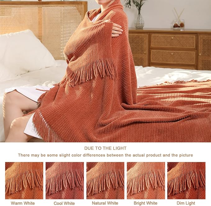 Blagic Knitted Throw Blanket for Couch Soft Farmhouse Boho Throw Blanket with Tassels Home Decorative Lightweight Throw Blankets,Maple Brown Throws for Bed/Chair/Sofa, Stripe Textured,60" W x 80" L