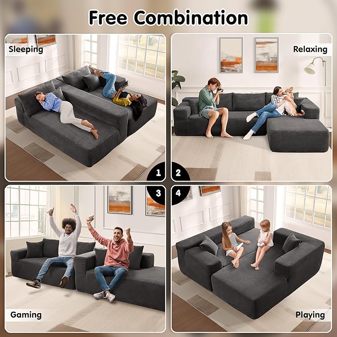 ovios 104" Cloud Sectional Couch with L-Shape Chaise,Modern Modular Sofa with Deep Seat, Upholstered Couches for Living Room Bedroom,No Assembly Required, Grey (Corduroy Fabric)