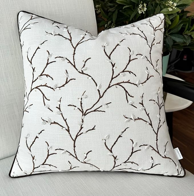 VAGMINE Embroidered Pussy Willow Throw Pillow Cover - 18x18 Inches Square - 100% Cotton Ivory Decorative Cushion Cover - Floral Embroidery - Soft Neutral Accent for Sofa, Bed, Couch, Farmhouse Décor