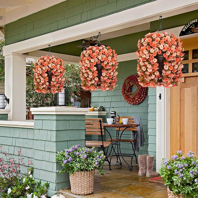 Artificial Fake Fall Hanging Flowers Plants Basket for Outdoor Autumn Decoration, Faux Silk Morning Glory Long Vines Realistic UV Resistant for Outside Home Porch Garden (Fall Orange+Light Orange)