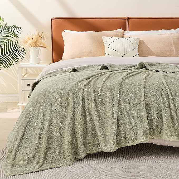EMME Muslin and Fleece Throw Blanket Reversible - 50"*60" Sage Green Soft Warm Throw Blankets for Couch Bed Picnic Travel Bed