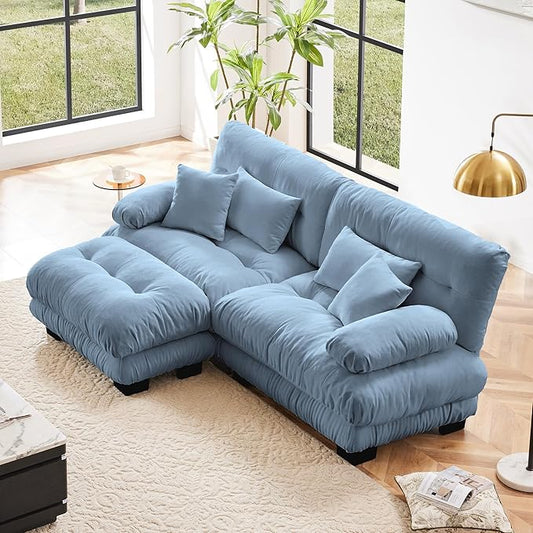 Modular Sectional Sofa, Comfy Cloud Couch Oversized Loveseat with Ottoman, Sectional Couches for Living Room, Modern Chenille L Shaped Couch, Sleeper Deep Seat Sofa with Throw Pillows, Blue