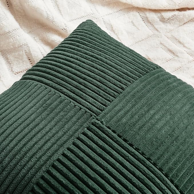 Fancy Homi Set of 2 Dark Green Boho Decorative Throw Pillow Covers 18x18 Inch for Living Room Couch Bed, Modern Farmhouse Forest Green Home Decor, Soft Textured Corduroy Corss Patchwork Cushion Case