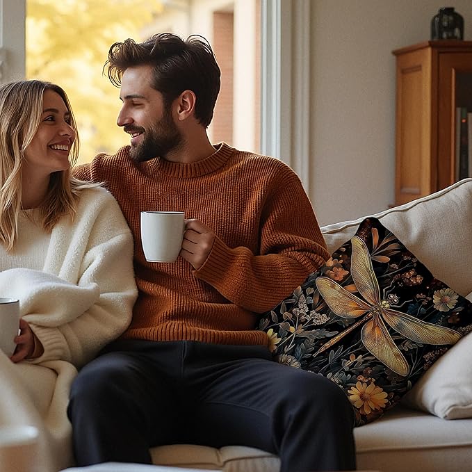 Vintage William Morris Inspired Dragonfly Pillow Covers 18x18, Dark Cottagecore Botanical Wildflower Decorative Throw Pillow Covers for Bedroom Living Room Home, Cottagecore Room Decor