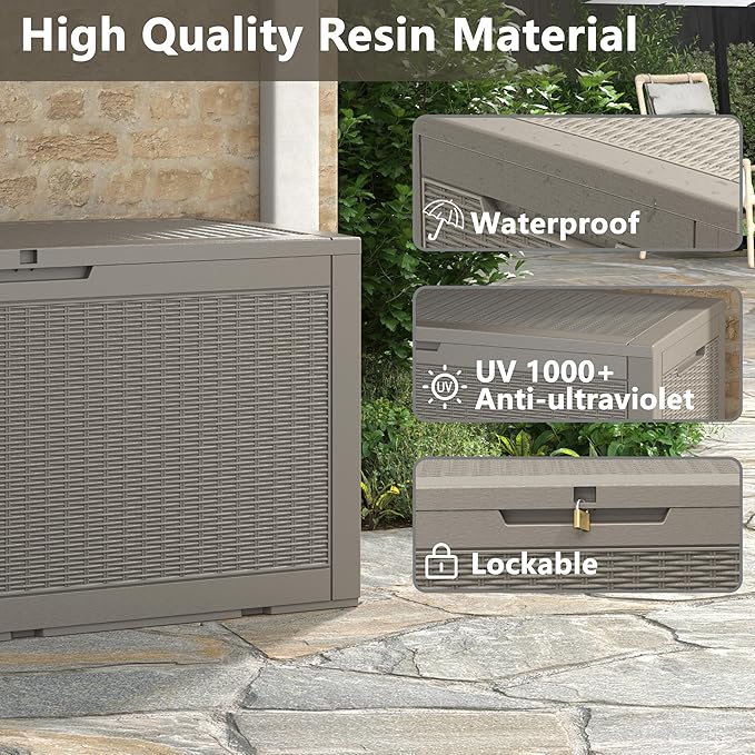 KAMABOKO 101 Gallon Waterproof Large Resin Deck Box, Lockable Large Outdoor Storage Boxes Indoor Outdoor Storage Container for Patio Cushions, Gardening Tools, Pool Supplies, Grey