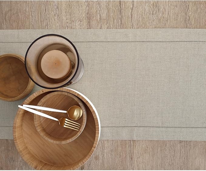 Solino Home Linen Natural Table Runner 156 Inches Long - 100% Pure Linen Extra Long Table Runner 14 x 156 Inch for Fall, Autumn, Thanksgiving - Classic Hemstitch