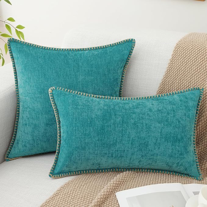 decorUhome Chenille Soft Throw Pillow Covers 22x22 Set of 2, Farmhouse Velvet Neutral Decorative Euro Pillow Covers with Stitched Edge for Couch Sofa Bed Home Decor, Turquoise